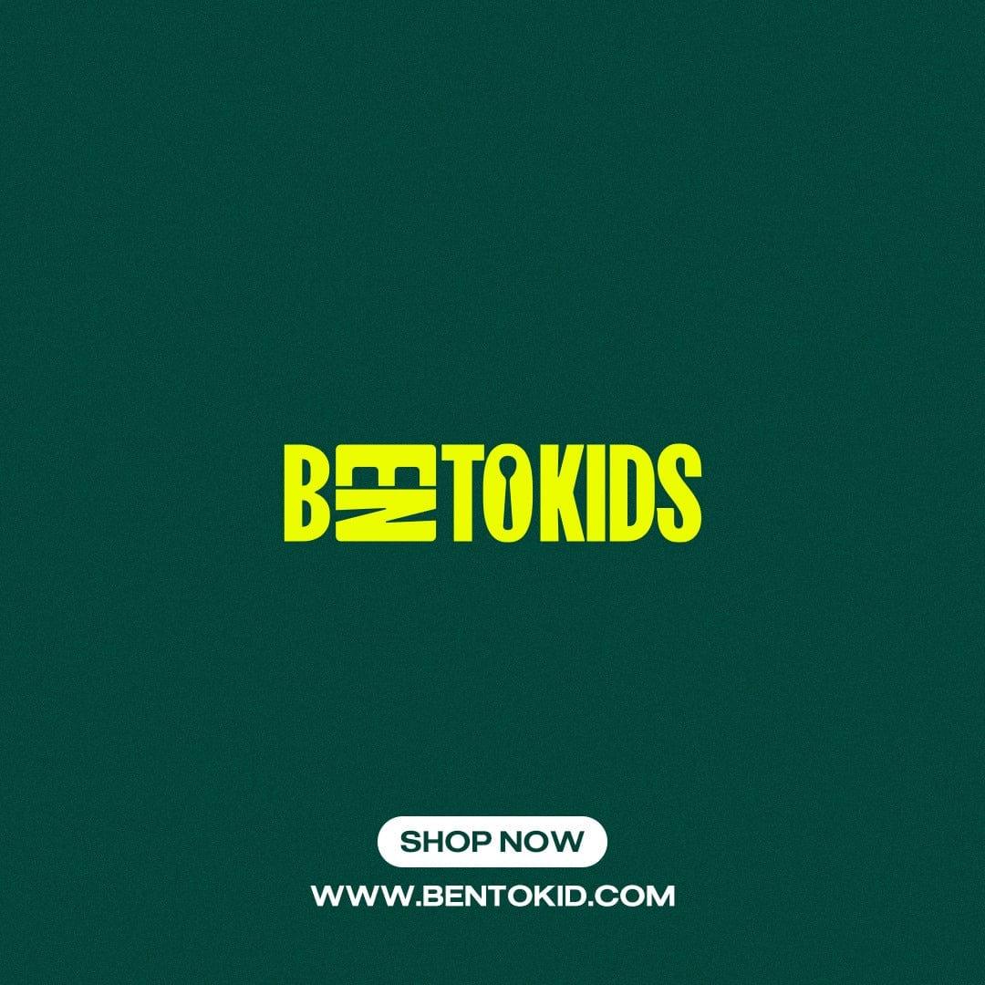The Bentokids logo in bright yellow text against a dark green background. Below the logo is a 'Shop Now' button and the website address, www.bentokid.com.
