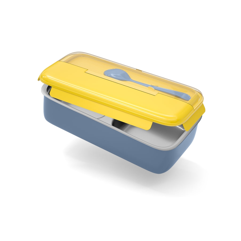 Yellow and Blue Stainless Steel Lunch Box – 100% Leak-Proof, Kids Friendly Clips, Food-Safe Spoon, Non-Toxic Recyclable Plastic