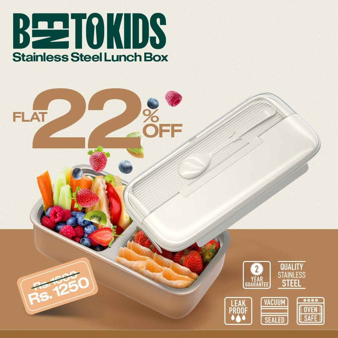 Advertisement for a Bentokids Stainless Steel Lunch Box, shown open and filled with colorful fruits and vegetables. The ad highlights a Flat 22% OFF sale, a discounted price of Rs. 1250, and features like Leak Proof and Quality Stainless Steel.