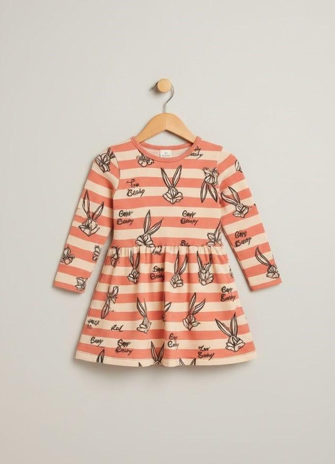 Toddler girls long-sleeve dress with pink and white stripes and a black print of Bugs Bunny heads and 'Bugs Bunny' text.
