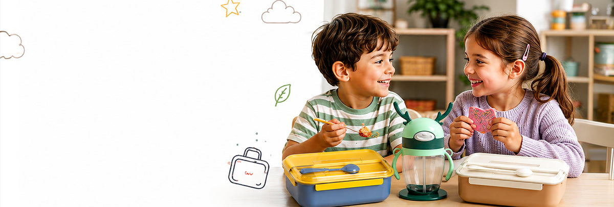 Two children sitting at a table with colorful reusable lunch containers and a green sippy cup in a bright indoor setting. The scene is lightly illustrated with simple doodles on the left side.