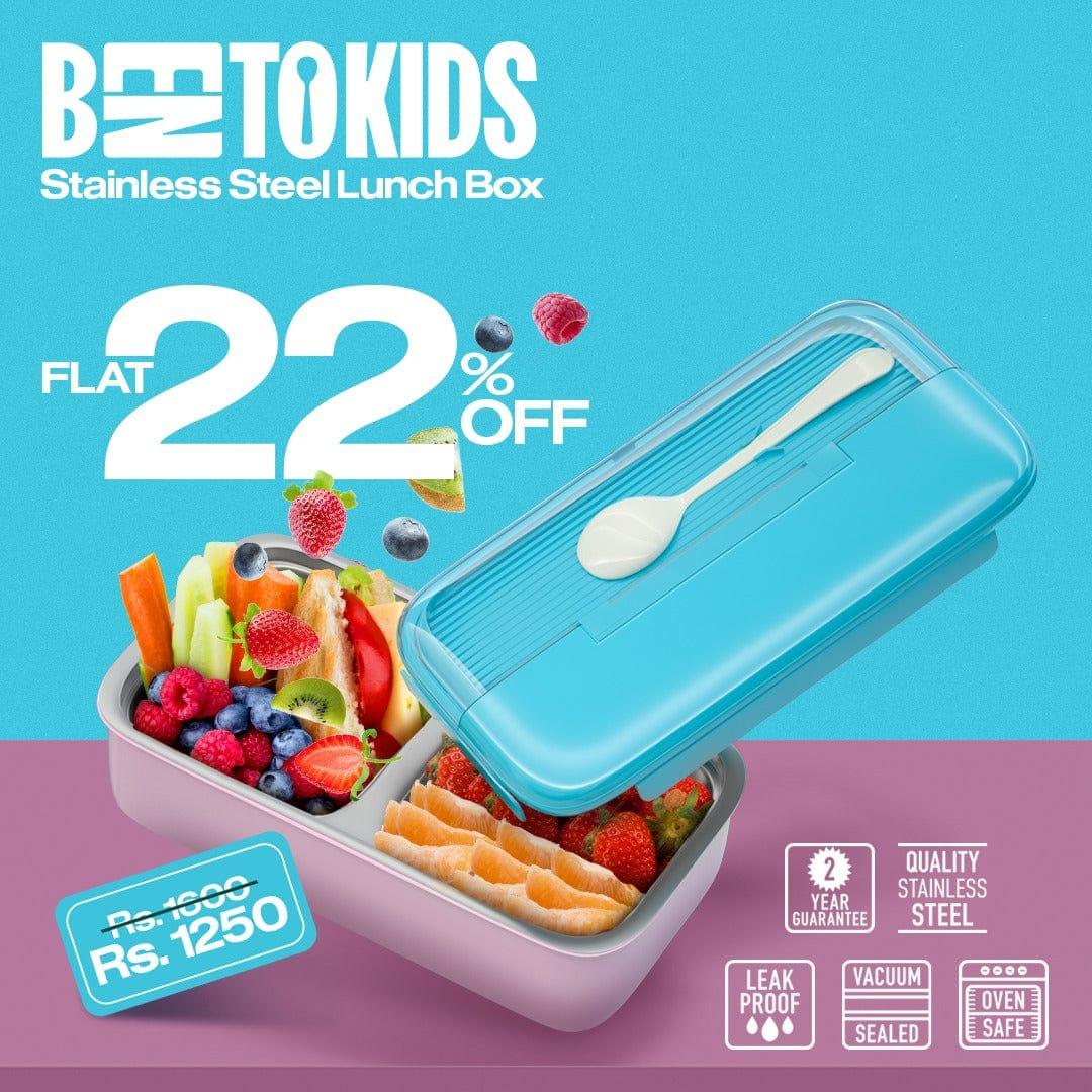 Advertisement for a Bentokids Stainless Steel Lunch Box in a pink base and blue lid, open and containing fresh fruit. The graphic promotes a FLAT 22% OFF sale and the price Rs. 1250, along with features like Leak Proof.