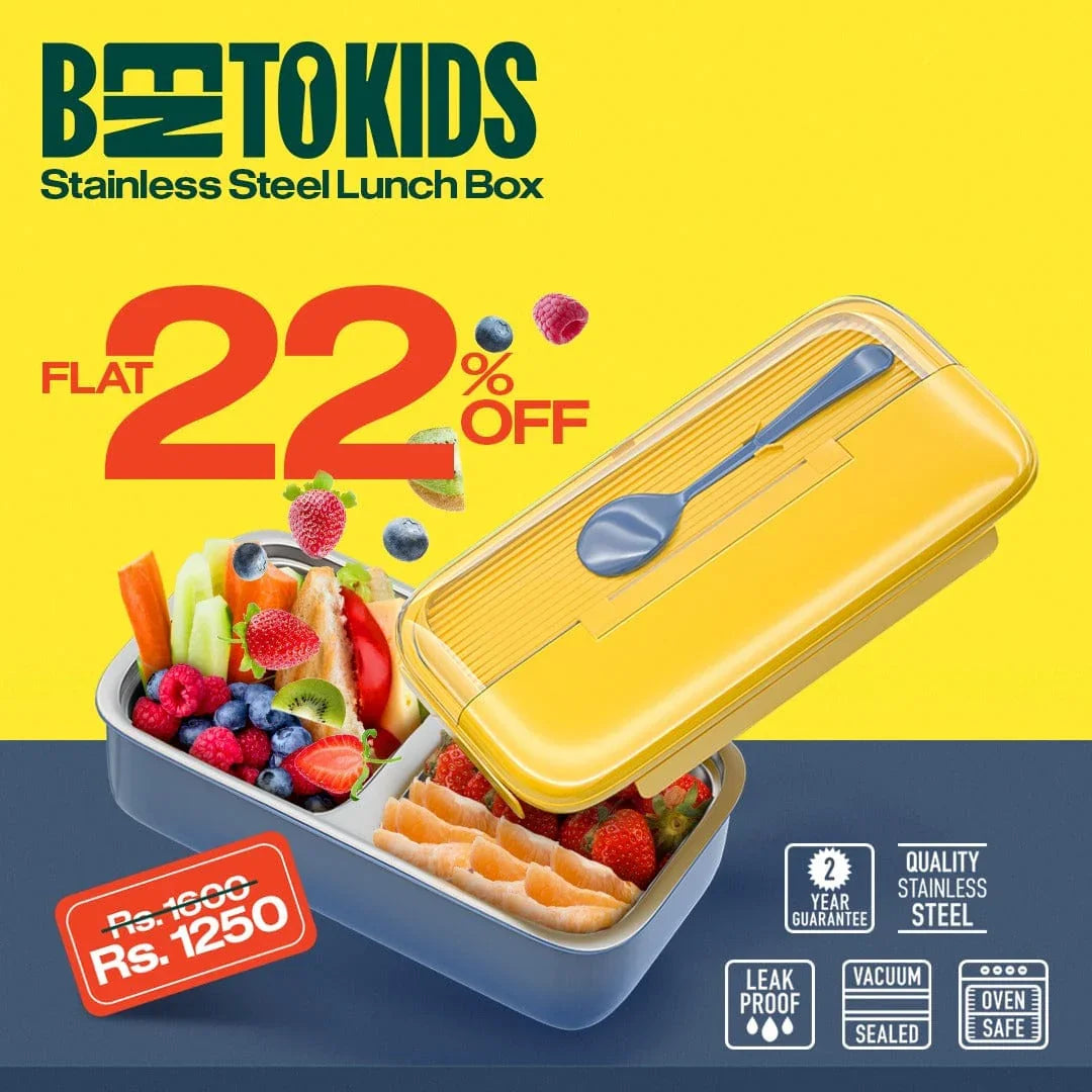 Advertisement for a Bentokids Stainless Steel Lunch Box in blue and yellow, open and filled with fresh fruit and vegetables. The image prominently displays a FLAT 22% OFF sale and the price "Rs. 1250.
