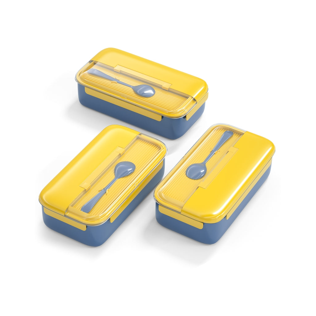 Yellow and Blue Stainless Steel Lunch Box – 100% Leak-Proof, Kids Friendly Clips, Food-Safe Spoon, Non-Toxic Recyclable Plastic
