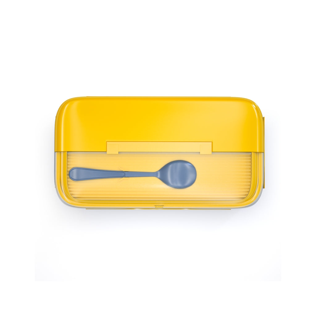 Yellow and Blue Stainless Steel Lunch Box – 100% Leak-Proof, Kids Friendly Clips, Food-Safe Spoon, Non-Toxic Recyclable Plastic