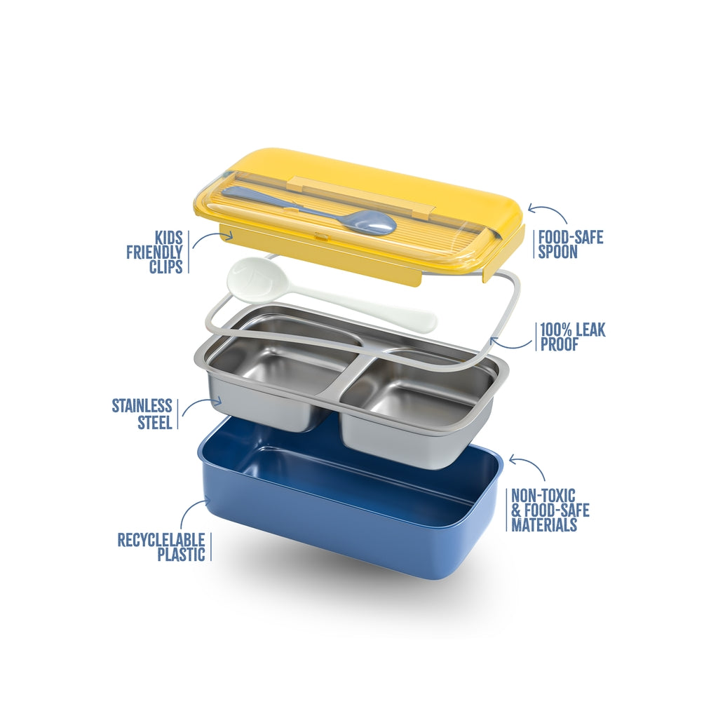 Yellow and Blue Stainless Steel Lunch Box – 100% Leak-Proof, Kids Friendly Clips, Food-Safe Spoon, Non-Toxic Recyclable Plastic