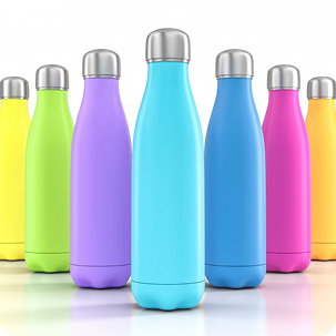 A row of brightly colored insulated water bottles in purple, light blue, and dark blue, all with silver metal caps. Text at the bottom reads Kids Tumbler Bottles.