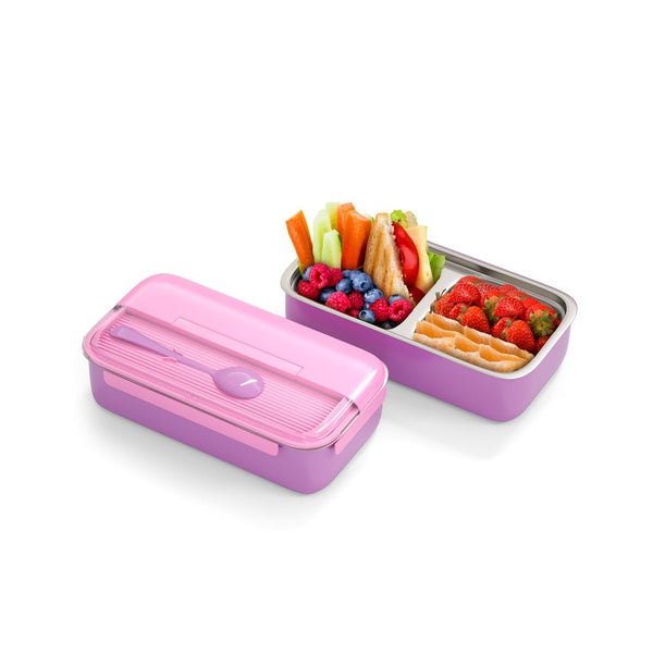 Pink and Purple Stainless Steel Lunch Box – 100% Leak-Proof, Kids Friendly Clips, Food-Safe Spoon, Non-Toxic Recyclable Plastic