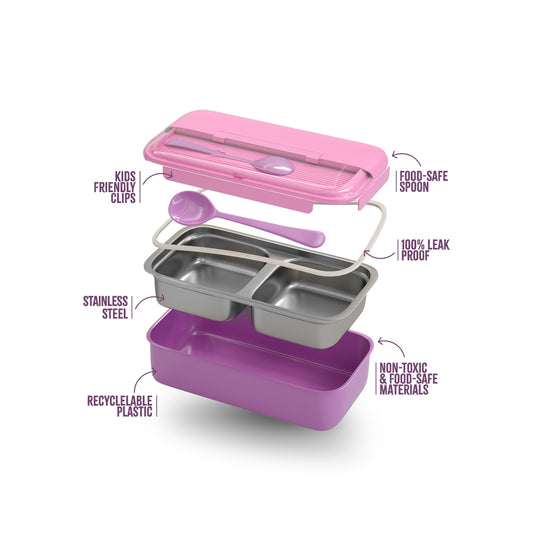 Pink and Purple Stainless Steel Lunch Box – 100% Leak-Proof, Kids Friendly Clips, Food-Safe Spoon, Non-Toxic Recyclable Plastic
