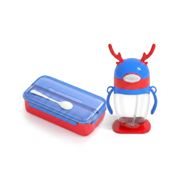 Red & Blue Kids Tumbler Bottle – PLus Lunch Box, Leak-Proof Straw Cup with Handles | BPA-Free Kids Water Bottle