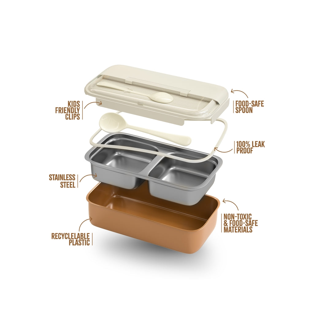 White & Brown Stainless Steel Lunch Box – 100% Leak-Proof, Kids Friendly Clips, Food-Safe Spoon, Non-Toxic Recyclable Plastic
