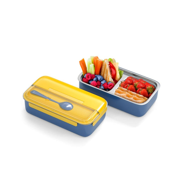 Yellow and Blue Stainless Steel Lunch Box – 100% Leak-Proof, Kids Friendly Clips, Food-Safe Spoon, Non-Toxic Recyclable Plastic