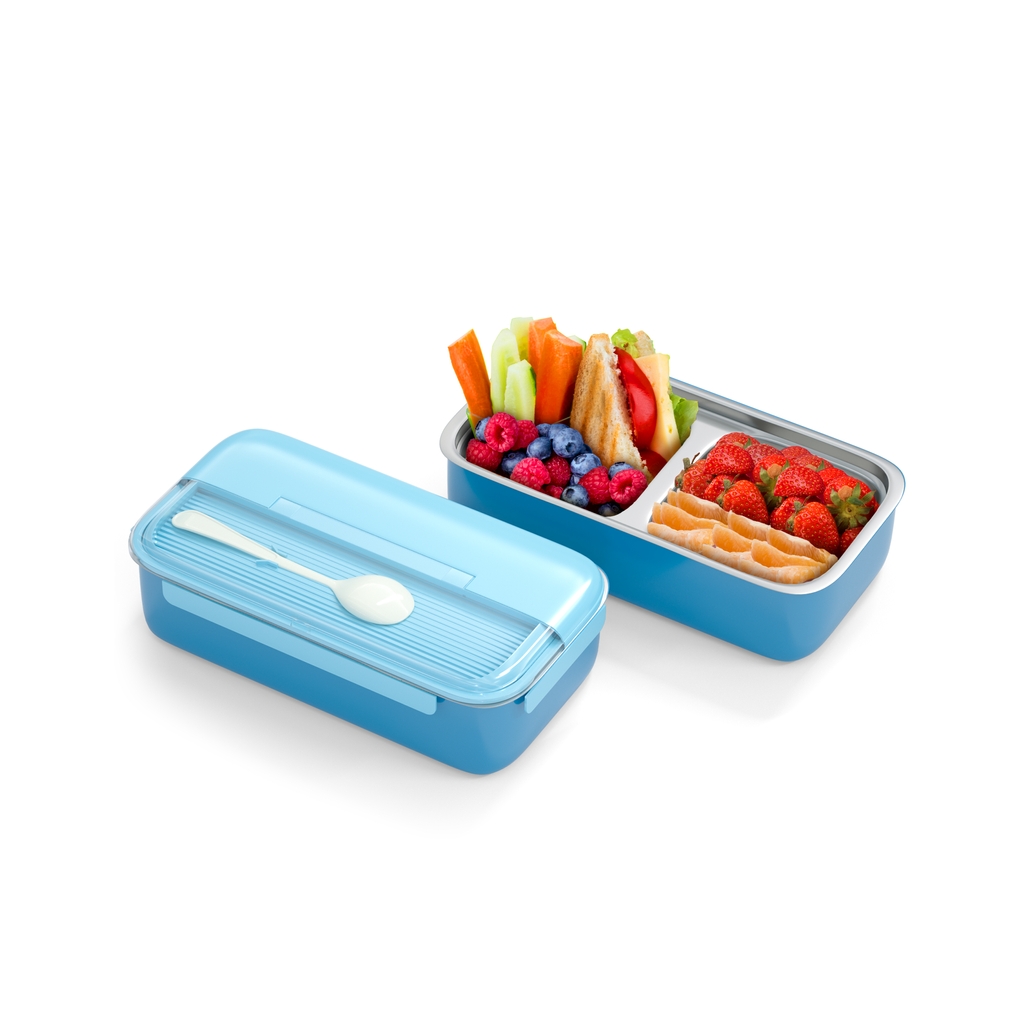 Bento Kids Dark Blue and Light Blue Stainless Steel Lunch Box - 100% Leak-Proof, Kids Friendly Clips, Food-Safe Spoon, Non-Toxic Recyclable Plastic