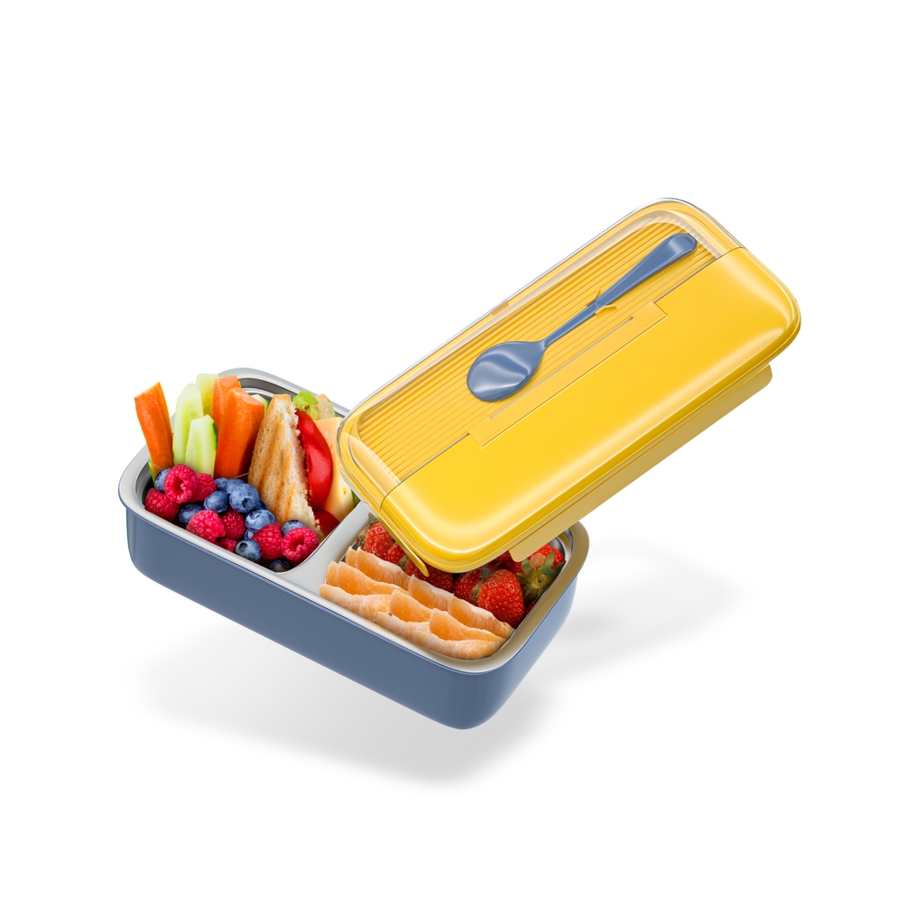 Bento Kids Yellow and Blue Stainless Steel Lunch Box - 100% Leak-Proof, Kids Friendly Clips, Food-Safe Spoon, Non-Toxic Recyclable Plastic