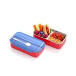 Bento Kids Blue and Red Stainless Steel Lunch Box - 100% Leak-Proof, Kids Friendly Clips, Food-Safe Spoon, Non-Toxic Recyclable Plastic