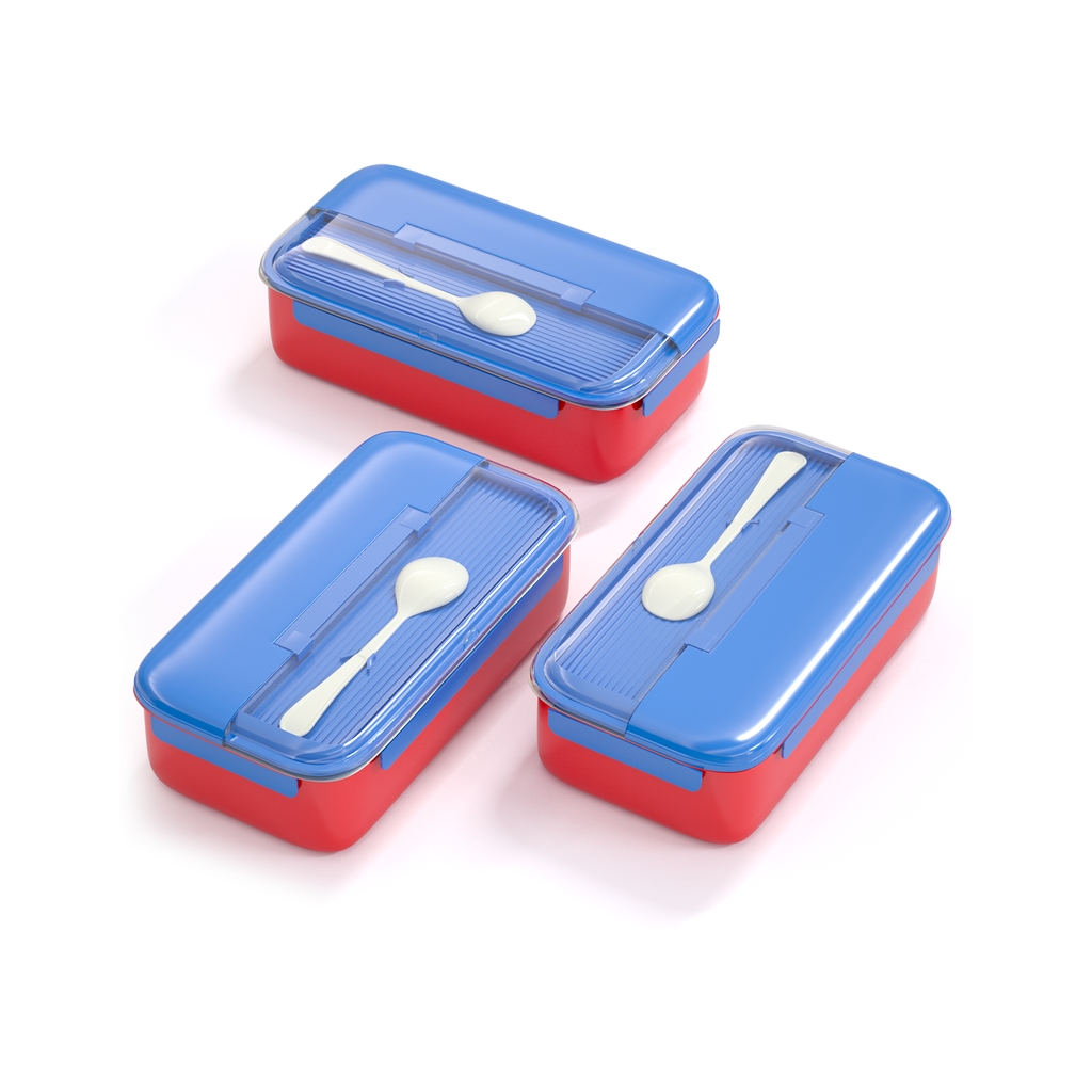 Bento Kids Blue and Red Stainless Steel Lunch Box - 100% Leak-Proof, Kids Friendly Clips, Food-Safe Spoon, Non-Toxic Recyclable Plastic