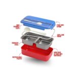 Bento Kids Blue and Red Stainless Steel Lunch Box - 100% Leak-Proof, Kids Friendly Clips, Food-Safe Spoon, Non-Toxic Recyclable Plastic