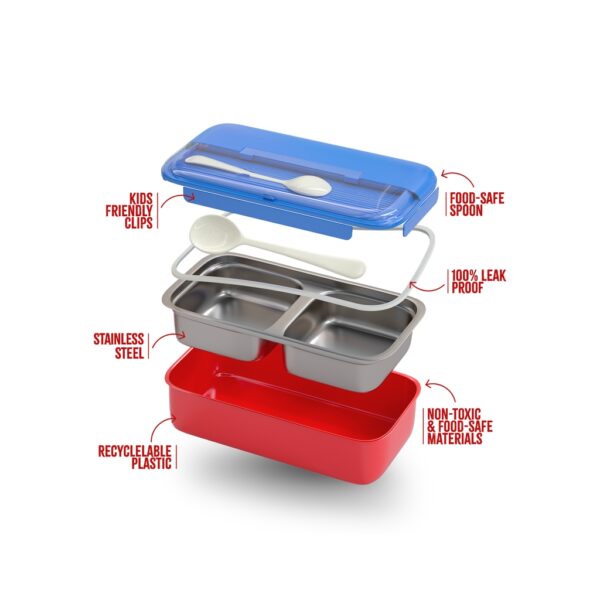 Bento Kids Blue and Red Stainless Steel Lunch Box - 100% Leak-Proof, Kids Friendly Clips, Food-Safe Spoon, Non-Toxic Recyclable Plastic