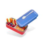 Bento Kids Blue and Red Stainless Steel Lunch Box - 100% Leak-Proof, Kids Friendly Clips, Food-Safe Spoon, Non-Toxic Recyclable Plastic