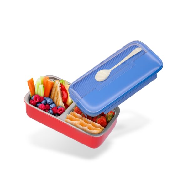 Bento Kids Blue and Red Stainless Steel Lunch Box - 100% Leak-Proof, Kids Friendly Clips, Food-Safe Spoon, Non-Toxic Recyclable Plastic