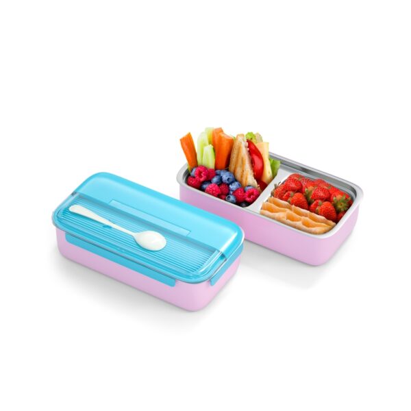 Bento Kids Blue and Pink Stainless Steel Lunch Box - 100% Leak-Proof, Kids Friendly Clips, Food-Safe Spoon, Non-Toxic Recyclable Plastic