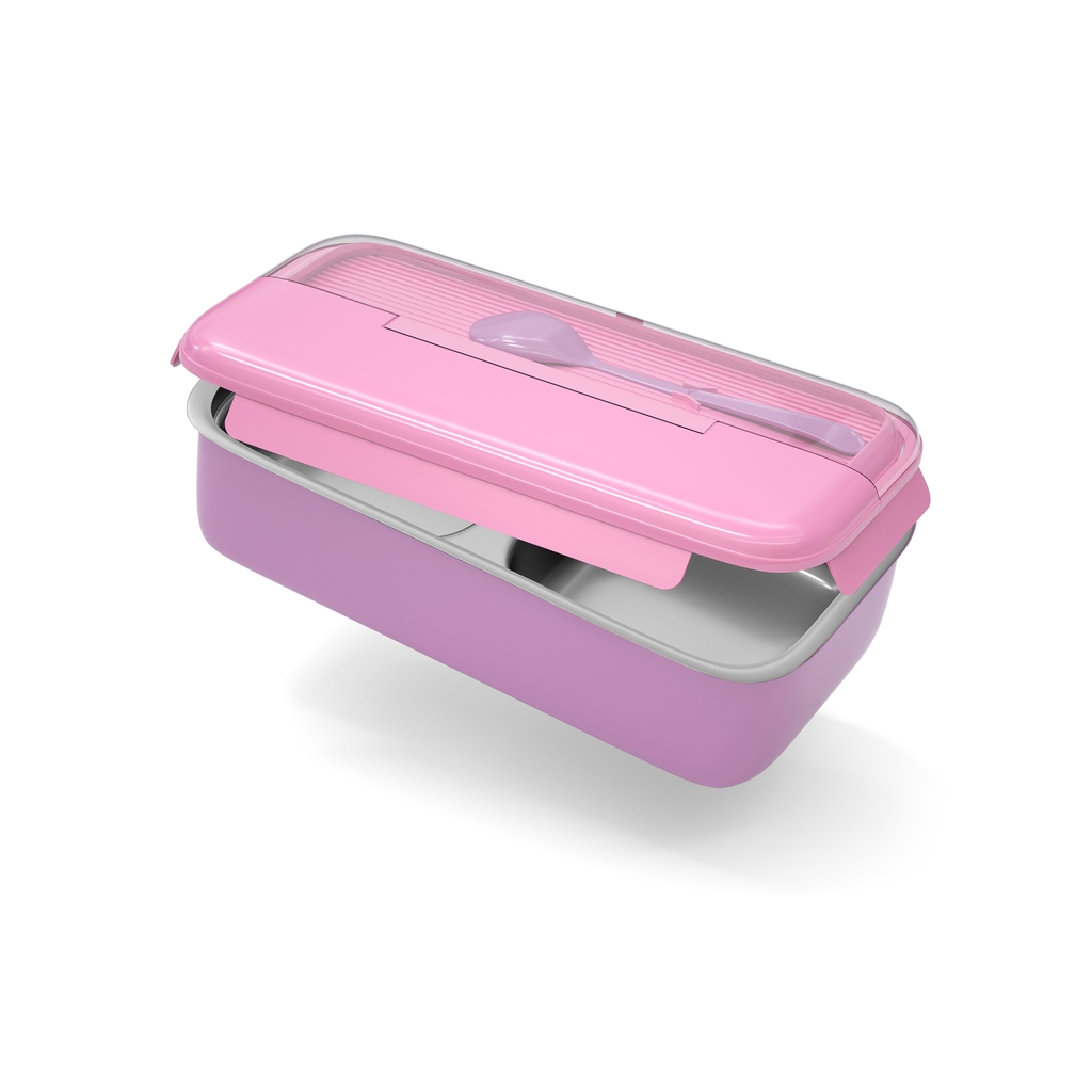 Bento Kids Pink and Purple Stainless Steel Lunch Box - 100% Leak-Proof, Kids Friendly Clips, Food-Safe Spoon, Non-Toxic Recyclable Plastic