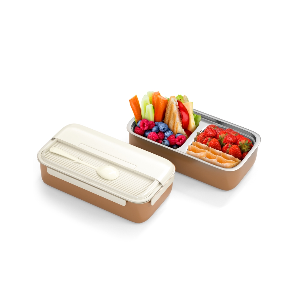 Bento Kids White and Brown Stainless Steel Lunch Box - 100% Leak-Proof, Kids Friendly Clips, Food-Safe Spoon, Non-Toxic Recyclable Plastic