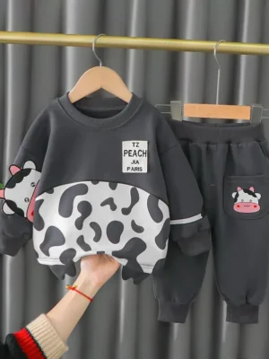 Kids Charcoal Gray Cow Printed Winter Tracksuit Set