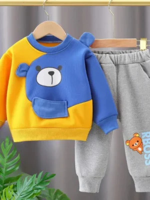 Kids Winter Tracksuit in Yellow and Blue with Bear Print